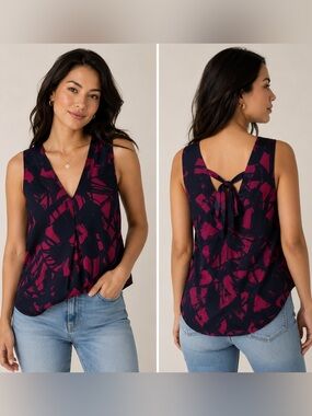 Banana Republic Petite XS Abstract Print Sleeveless Tie Back Blouse Top